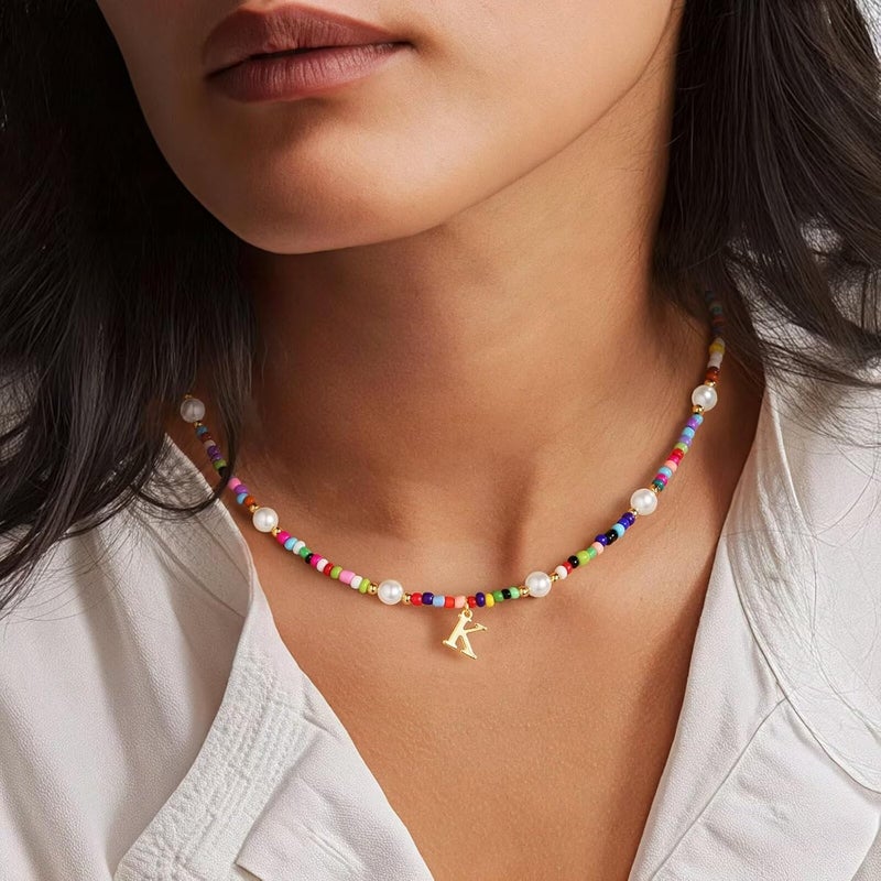 M MOOHAM Valentines Day Gifts for Kids Teen Girls - Colorful Initial Necklaces for Girls Women Kids, Beaded Pearl Choker Necklace for Women Trendy, Birthday Gifts Teenage Girl Teen Kid Jewelry - Image 2
